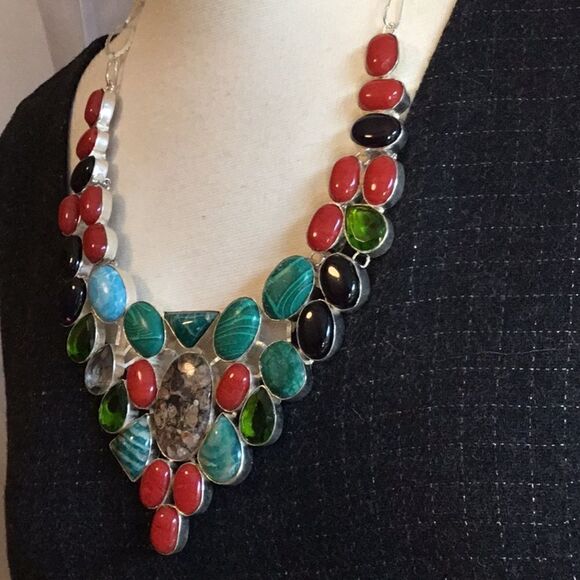 TURTILLA AGATE WITH MALACHITE GEMS NECKLACE SILVER - Picture 11 of 16